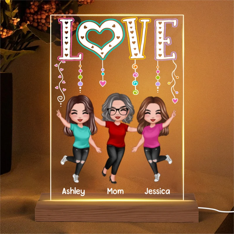 LOVE Happy Doll Mom Daughters Personalized Rectangle Acrylic Plaque LED Night Light - Image 4