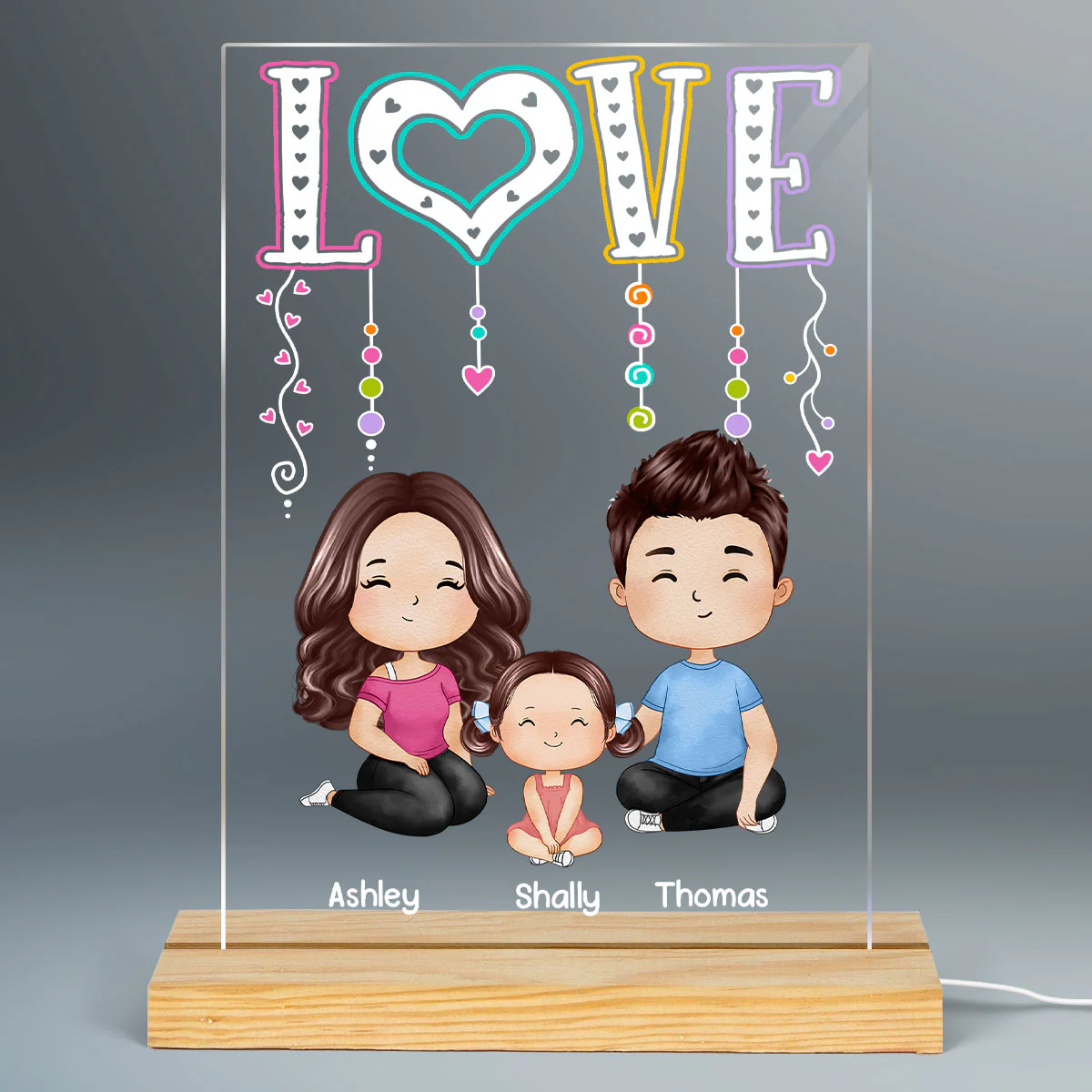 LOVE Happy Doll Whole Family Watercolor Style Couple Dad Mom Kids Dogs Cats Sitting Personalized Rectangle Acrylic Plaque LED Night Light - Image 2