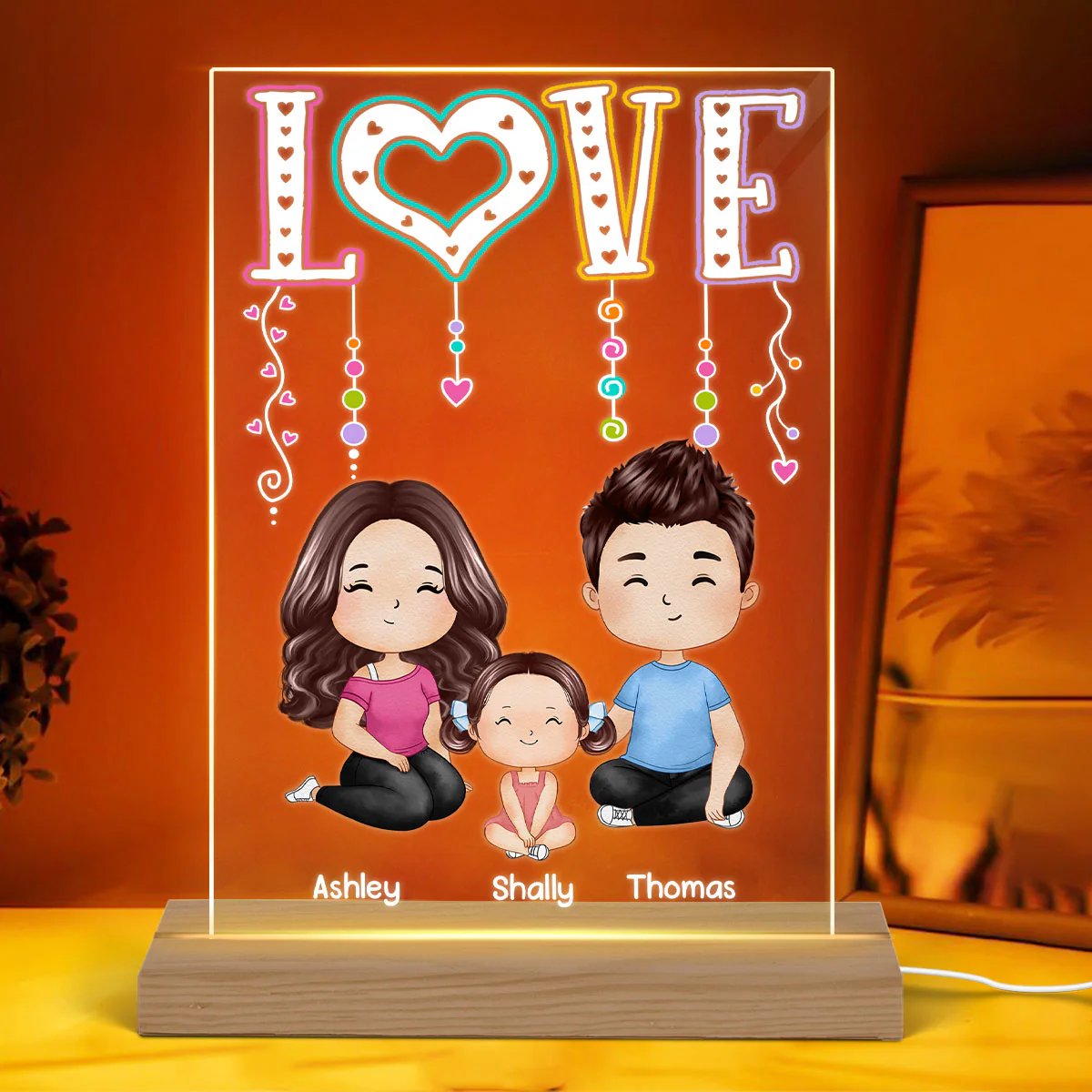 LOVE Happy Doll Whole Family Watercolor Style Couple Dad Mom Kids Dogs Cats Sitting Personalized Rectangle Acrylic Plaque LED Night Light - Image 3