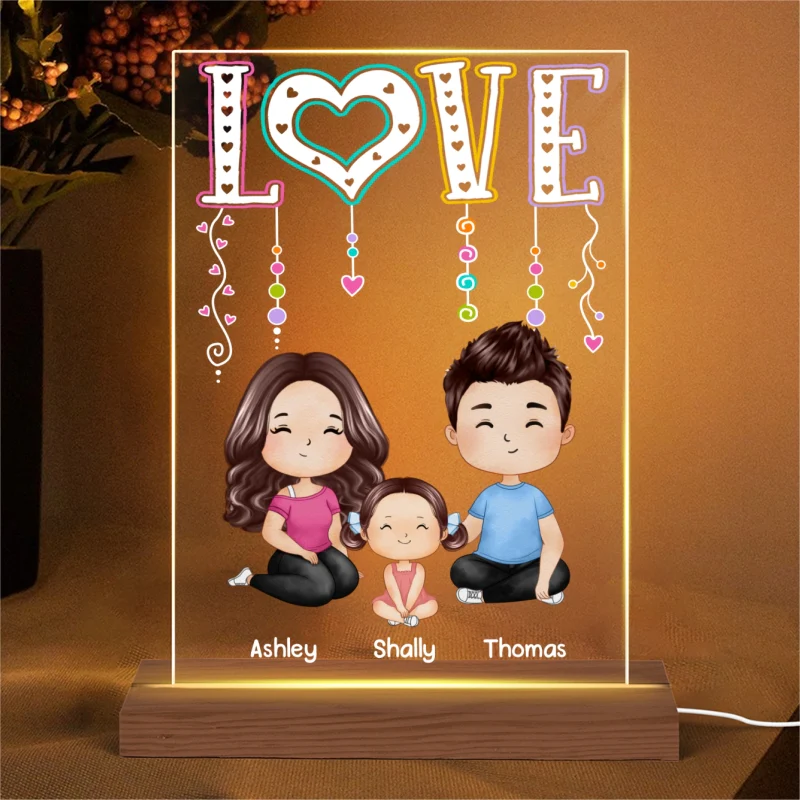LOVE Happy Doll Whole Family Watercolor Style Couple Dad Mom Kids Dogs Cats Sitting Personalized Rectangle Acrylic Plaque LED Night Light - Image 4