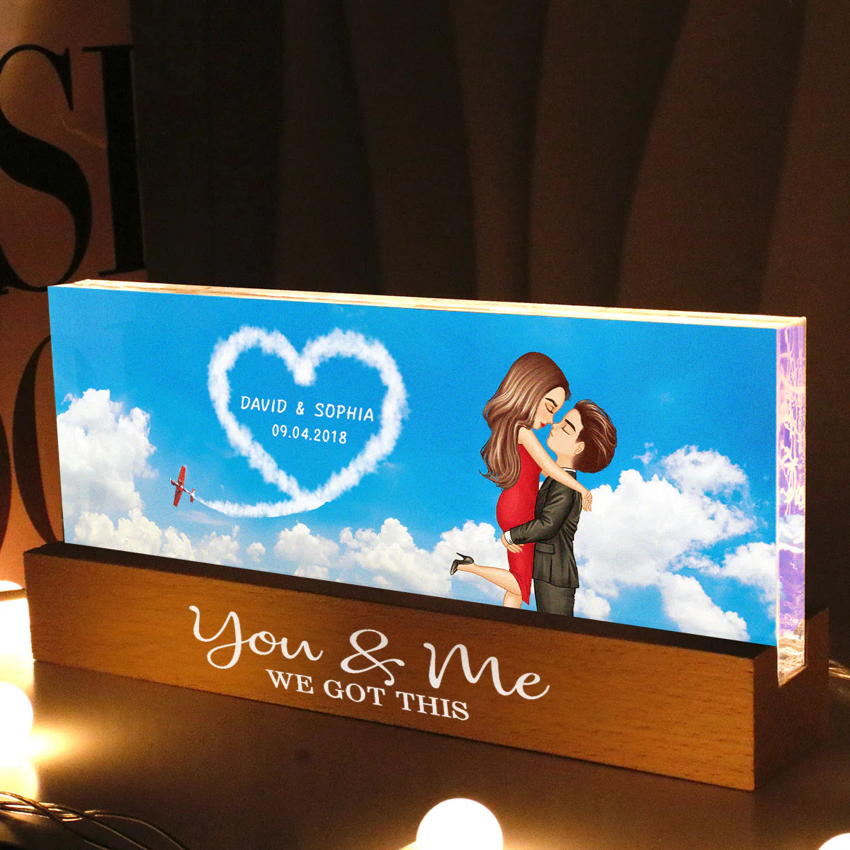 Love In The Sky, Couple Hearts Personalized Acrylic Block LED Night Light, Valentines Gift, Anniversary Gift - Image 2