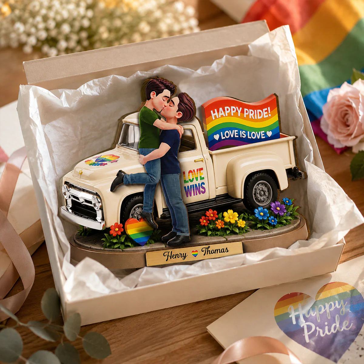 Love Is Love Couple Kissing By Truck 2D Flat - Personalized 2-Layered Wooden Plaque - Pride Month Keepsake - Image 3