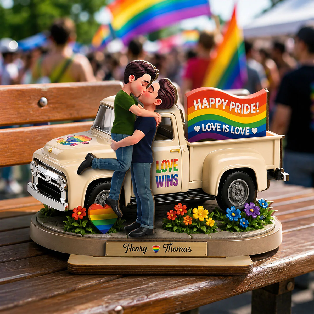 Love Is Love Couple Kissing By Truck 2D Flat - Personalized 2-Layered Wooden Plaque - Pride Month Keepsake - Image 6