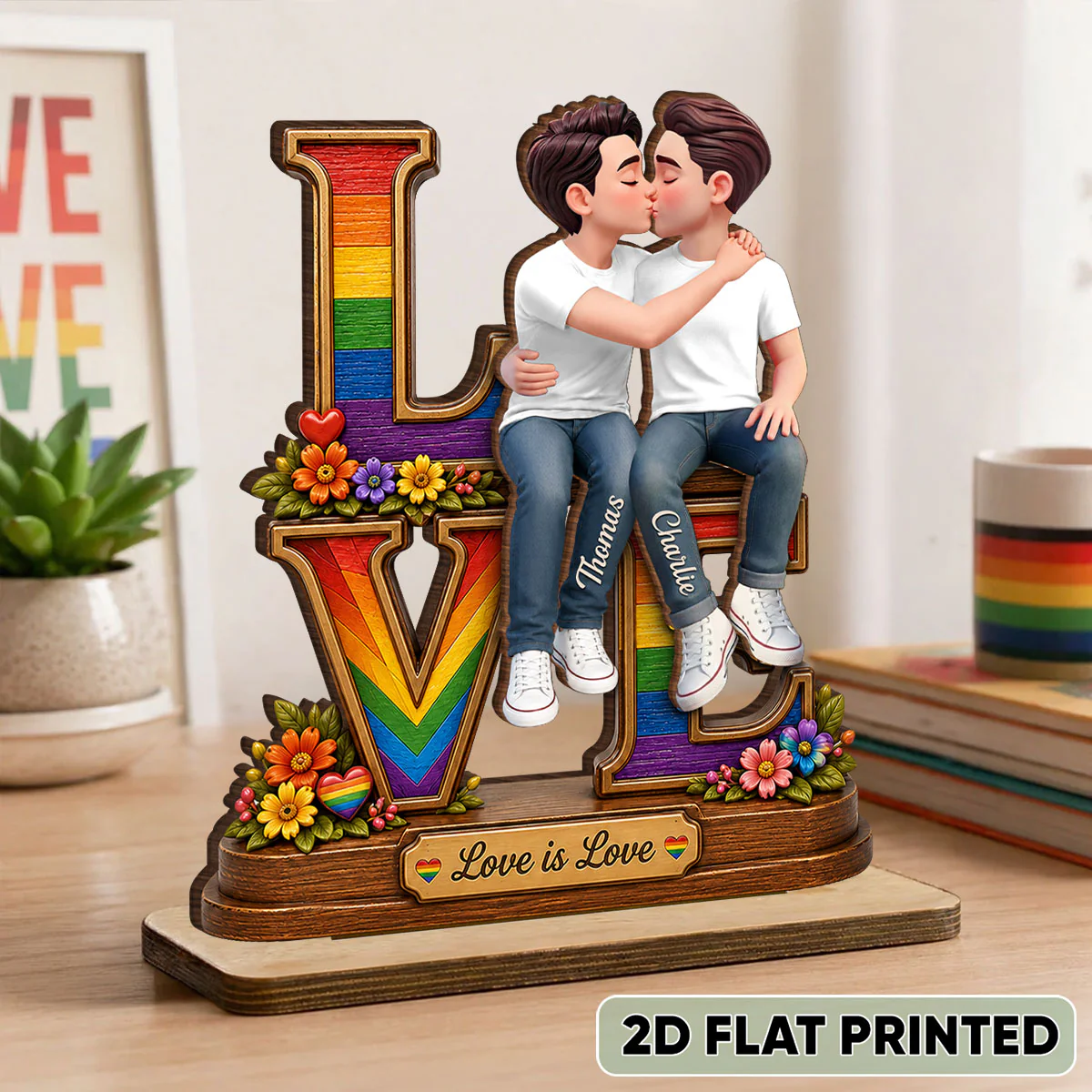 Love Is Love LGBT+ Couple Rose - Personalized 2-Layered Wooden Plaque - Gift For Couple, Happy Pride Month - Image 2