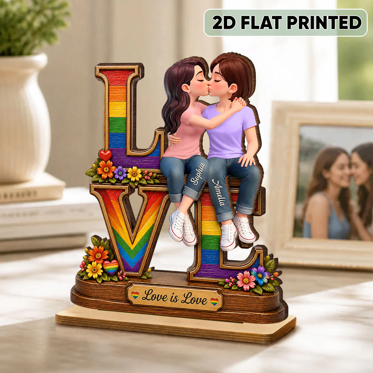 Love Is Love LGBT+ Couple Rose - Personalized 2-Layered Wooden Plaque - Gift For Couple, Happy Pride Month - Image 8