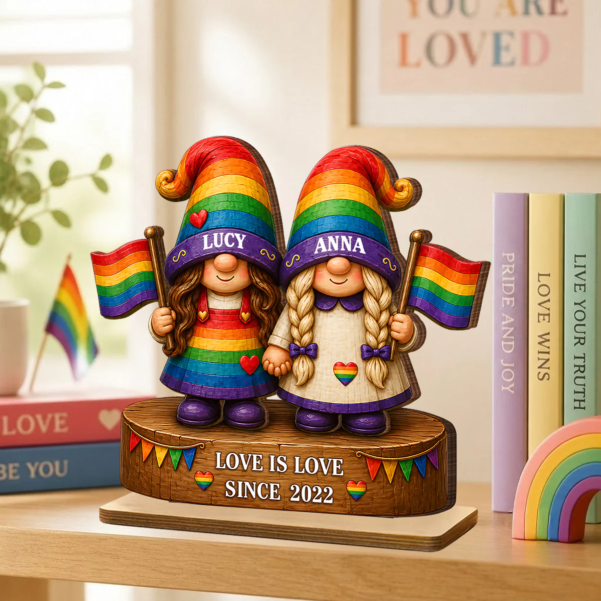 Love Is Love Rainbow Gnome Couple - Personalized 2-Layered Wooden Plaque - Gift For Couple, Happy Pride Month