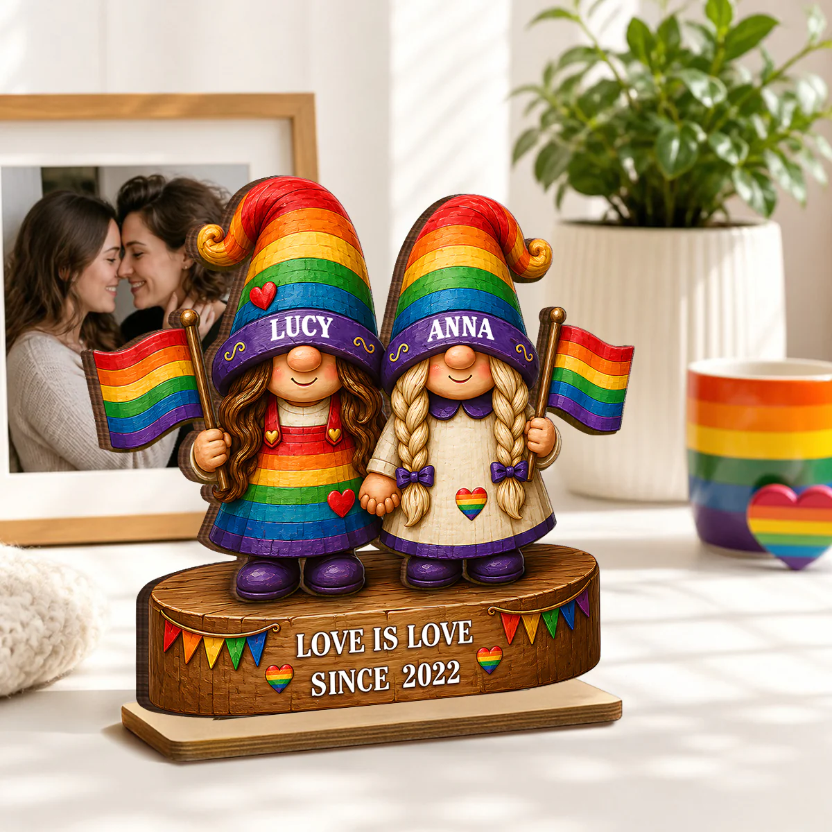 Love Is Love Rainbow Gnome Couple - Personalized 2-Layered Wooden Plaque - Gift For Couple, Happy Pride Month - Image 2