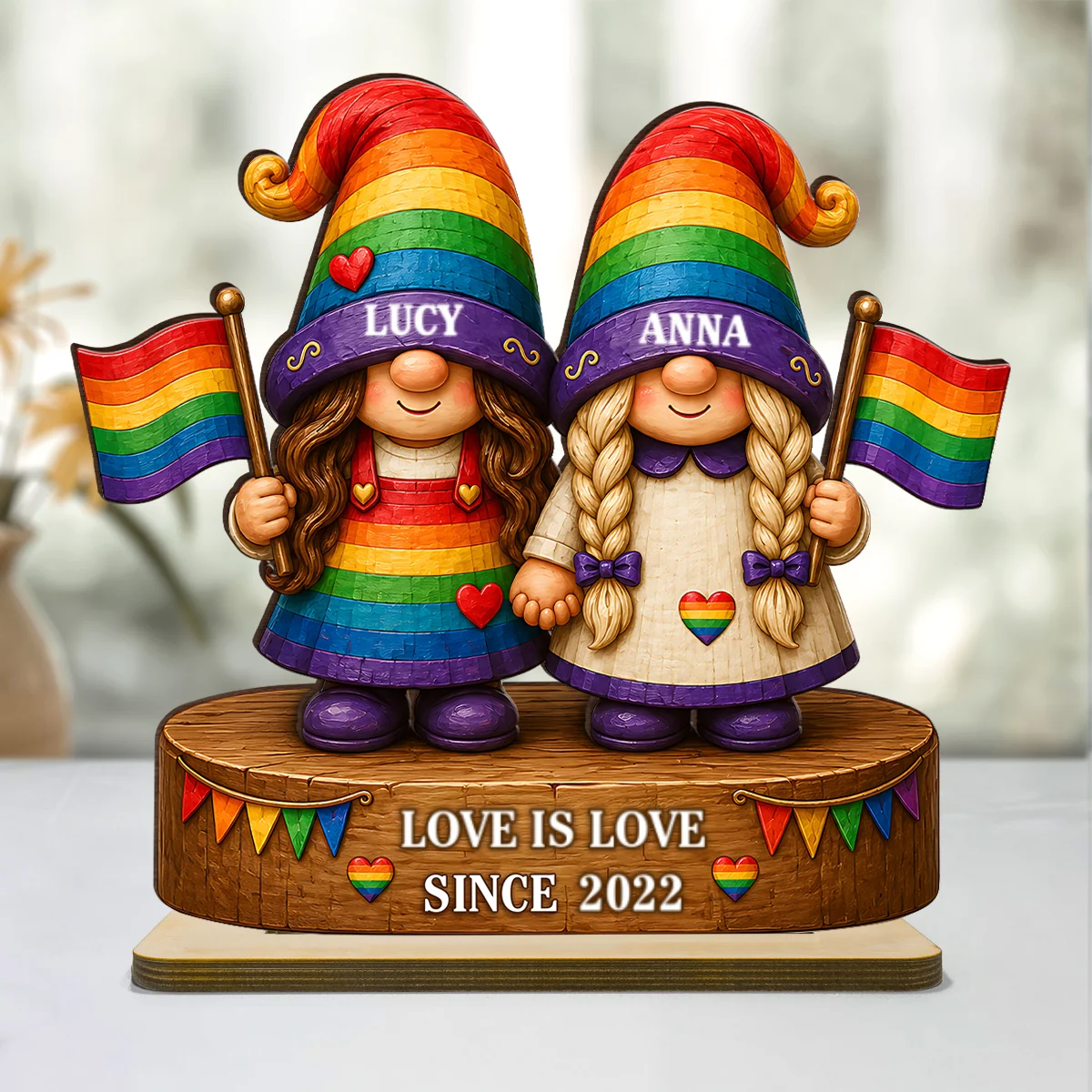 Love Is Love Rainbow Gnome Couple - Personalized 2-Layered Wooden Plaque - Gift For Couple, Happy Pride Month - Image 9