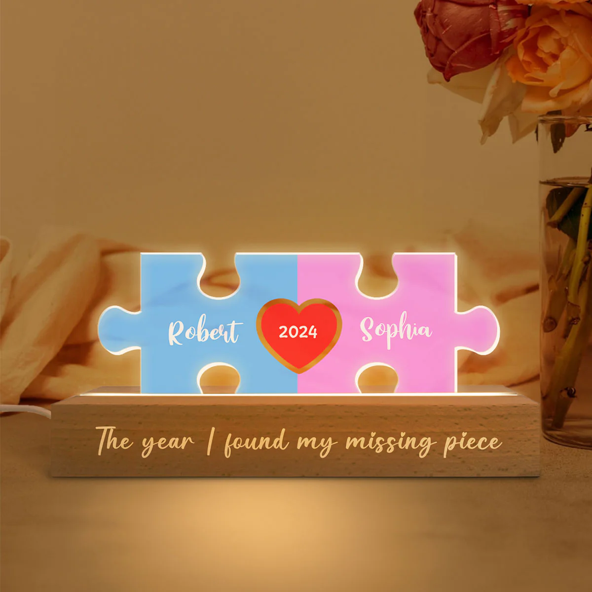 Love Is The Piece That Holds Us Together Couple Name Puzzle LED Night Light, Personalized Romantic Home Bedroom Decor For Couples, Gifts For Her, For Him