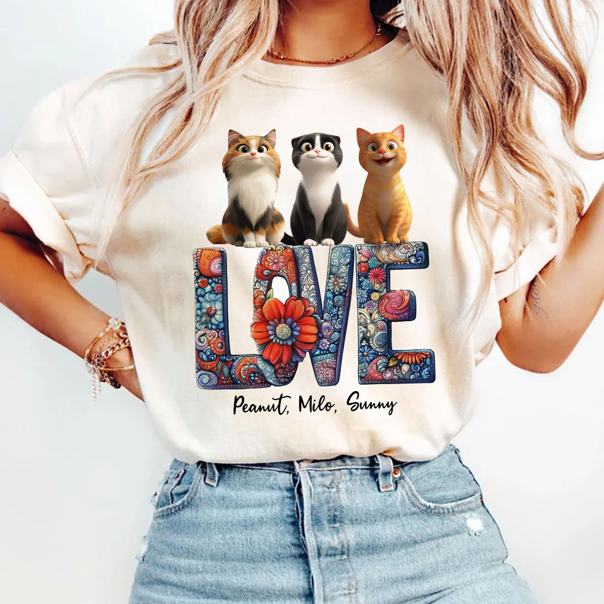 Love Mandala Pattern Cartoon Sitting Cats Personalized Shirt, Gift for Cat Moms - Image 2