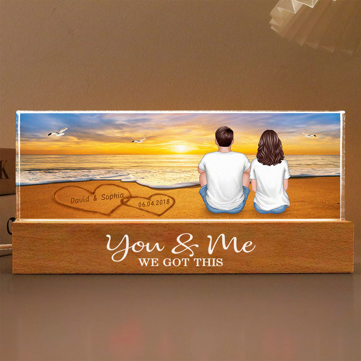 Love on the Beach, Personalized Acrylic Block LED Night Light, Names on Sandy Beach Art with Couple's Names and Date on Perfect Gift for Anniversary - Image 5