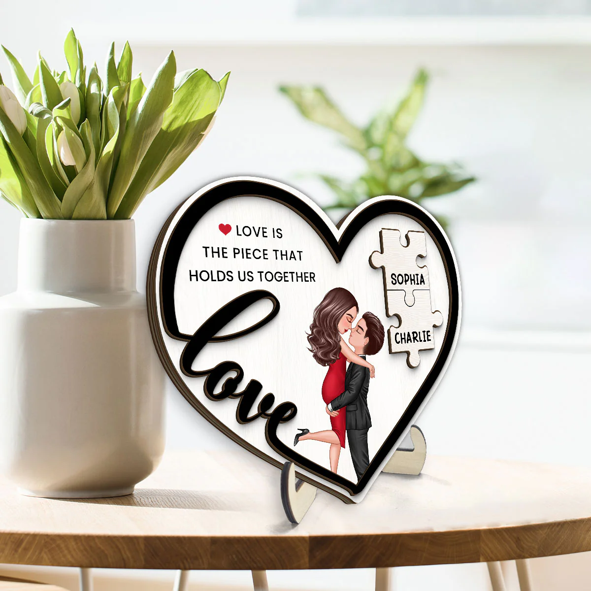 Love Piece Holds Us Together Couple Kissing Personalized 2-layer Wooden Plaque, Valentine‘s Day Gift For Him, For Her - Image 3
