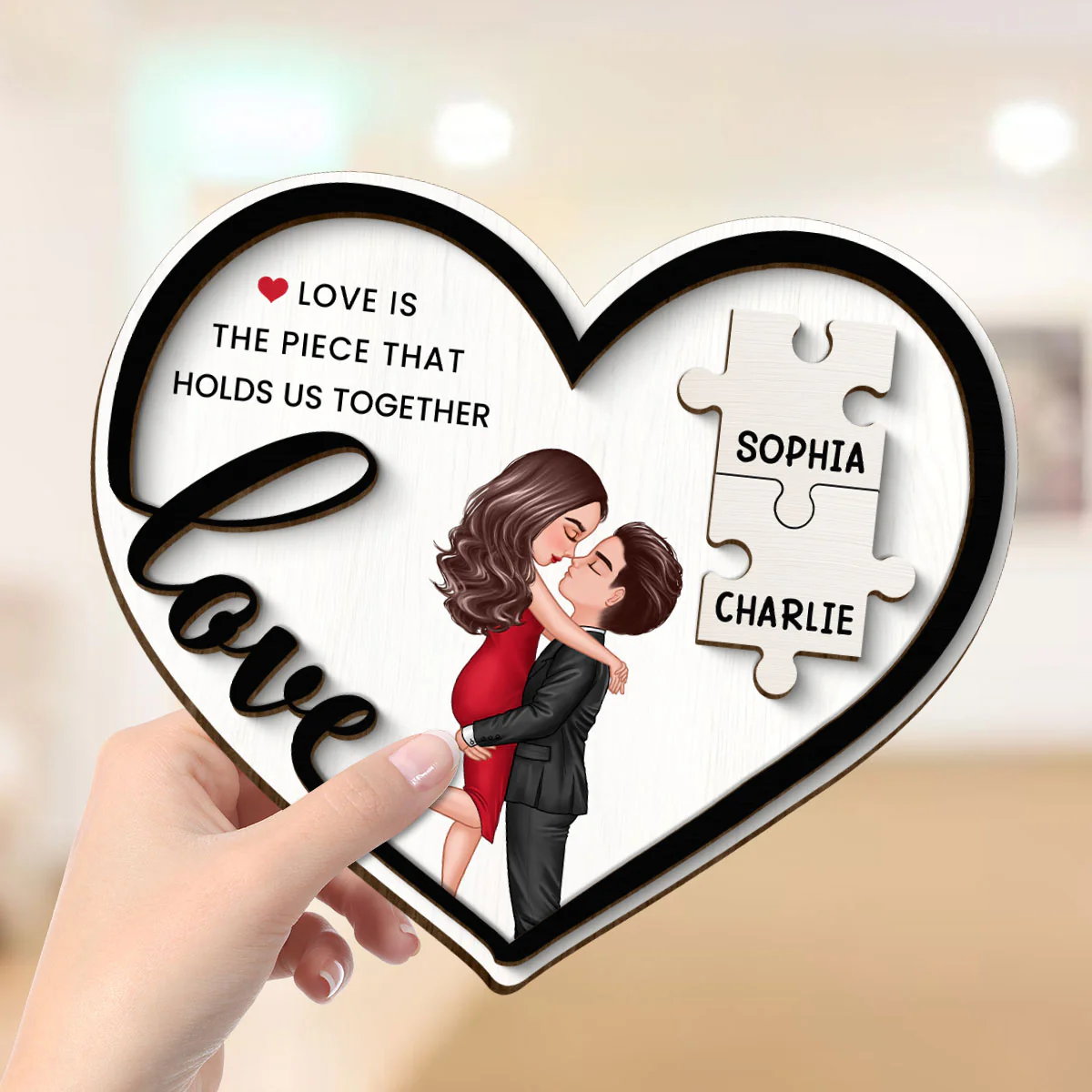 Love Piece Holds Us Together Couple Kissing Personalized 2-layer Wooden Plaque, Valentine‘s Day Gift For Him, For Her - Image 4