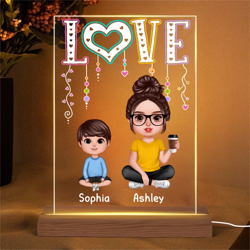 LOVE Realistic Doll Grandma Mom And Kids Sitting Personalized Rectangle Acrylic Plaque LED Night Light