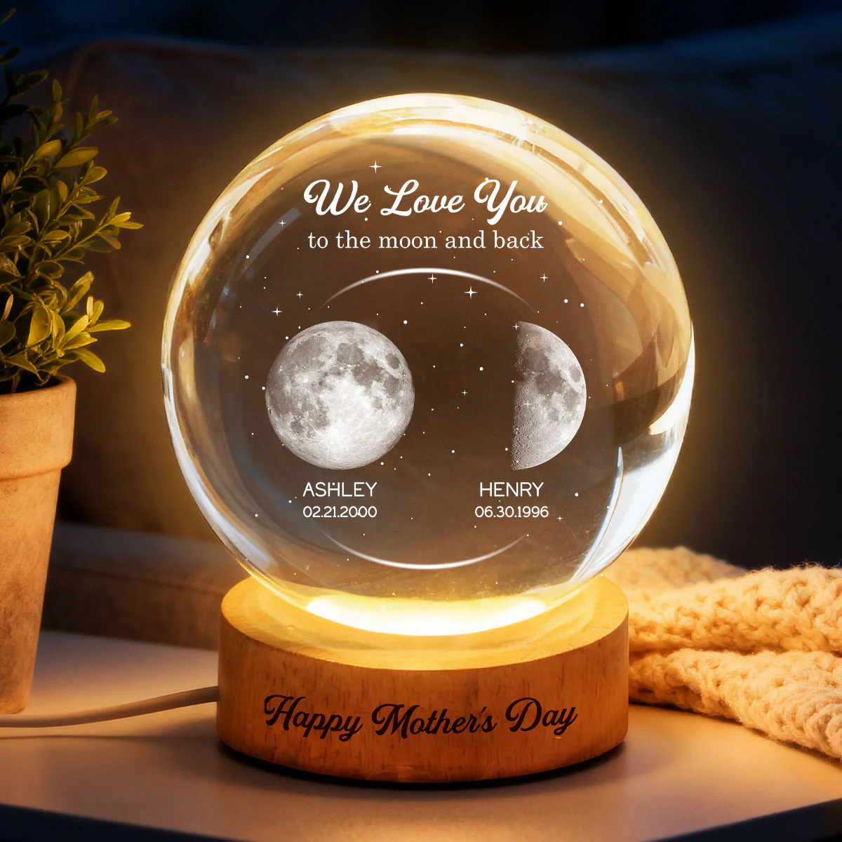 Love to the Moon and Back, Custom Moon Phase by Date - Personalized Crystal Ball LED Night Light - Mother's Day Gift for Mom, Wife - Image 2