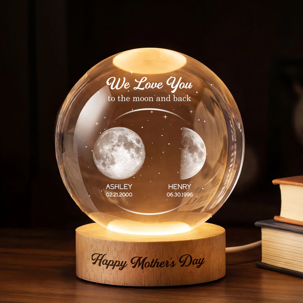 Love to the Moon and Back, Custom Moon Phase by Date - Personalized Crystal Ball LED Night Light - Mother's Day Gift for Mom, Wife - Image 3