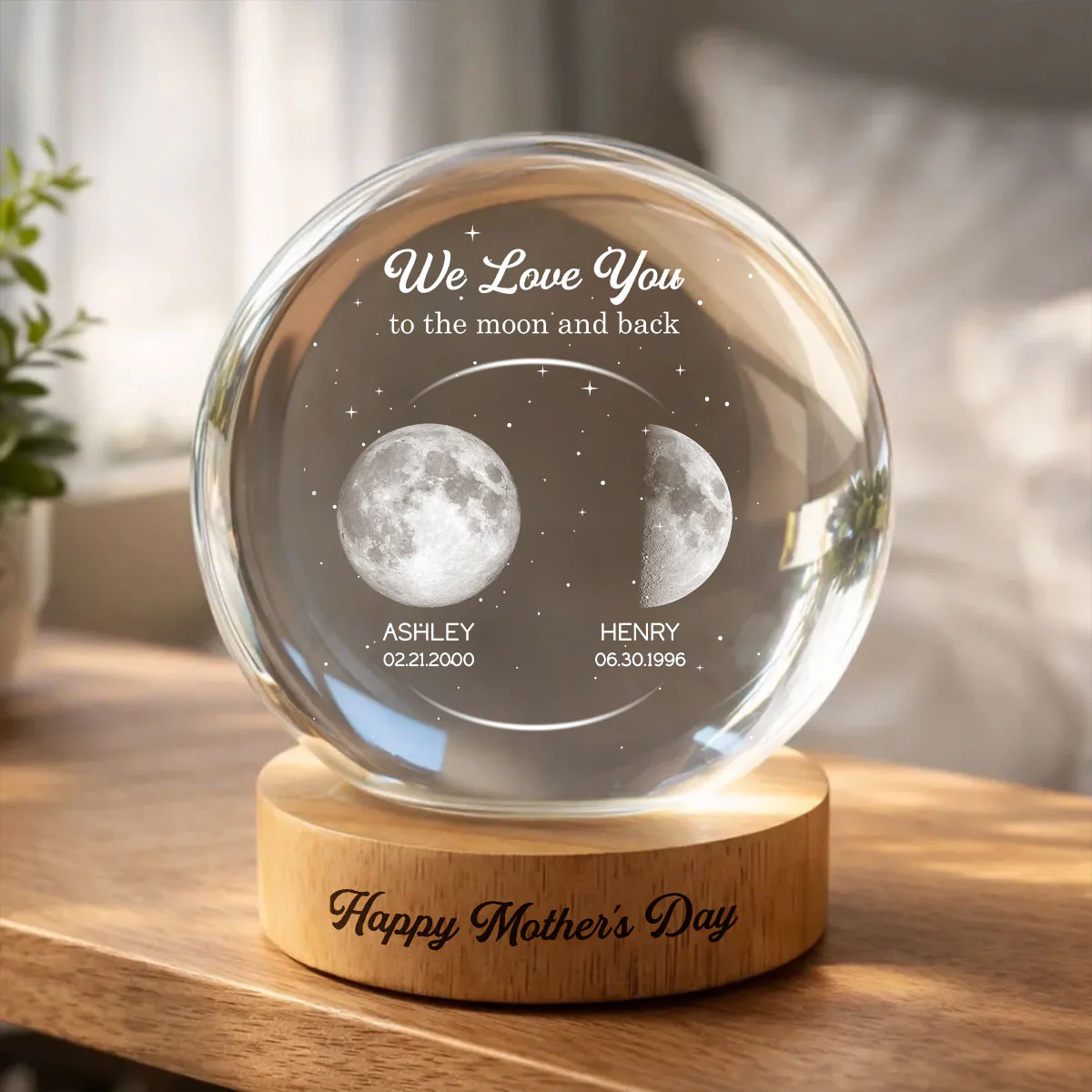 Love to the Moon and Back, Custom Moon Phase by Date - Personalized Crystal Ball LED Night Light - Mother's Day Gift for Mom, Wife - Image 4