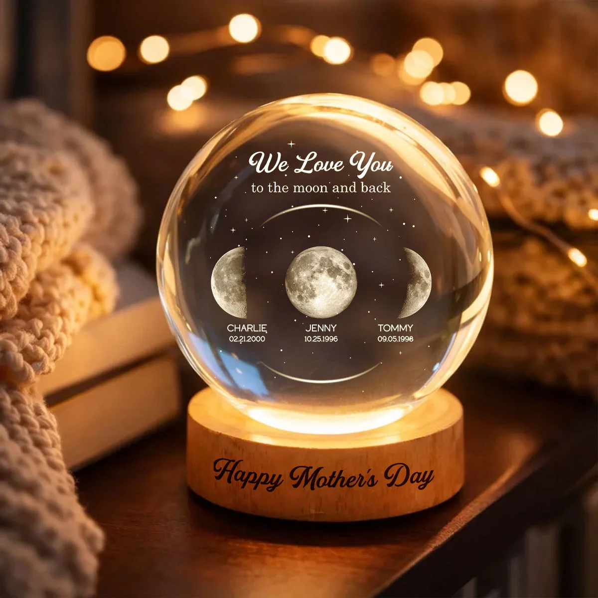 Love to the Moon and Back, Custom Moon Phase by Date - Personalized Crystal Ball LED Night Light - Mother's Day Gift for Mom, Wife - Image 5