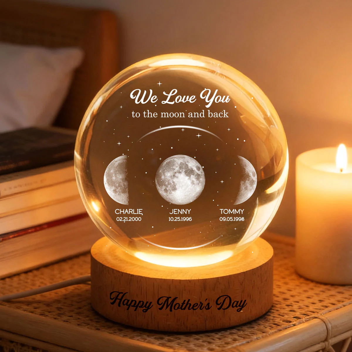 Love to the Moon and Back, Custom Moon Phase by Date - Personalized Crystal Ball LED Night Light - Mother's Day Gift for Mom, Wife - Image 6