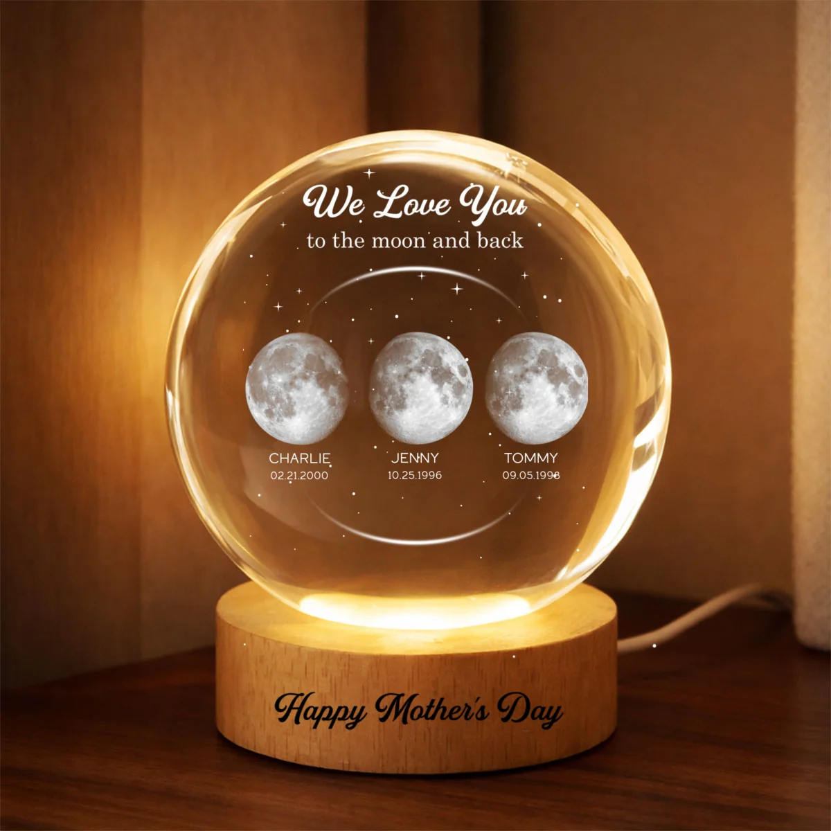 Love to the Moon and Back, Custom Moon Phase by Date - Personalized Crystal Ball LED Night Light - Mother's Day Gift for Mom, Wife - Image 9