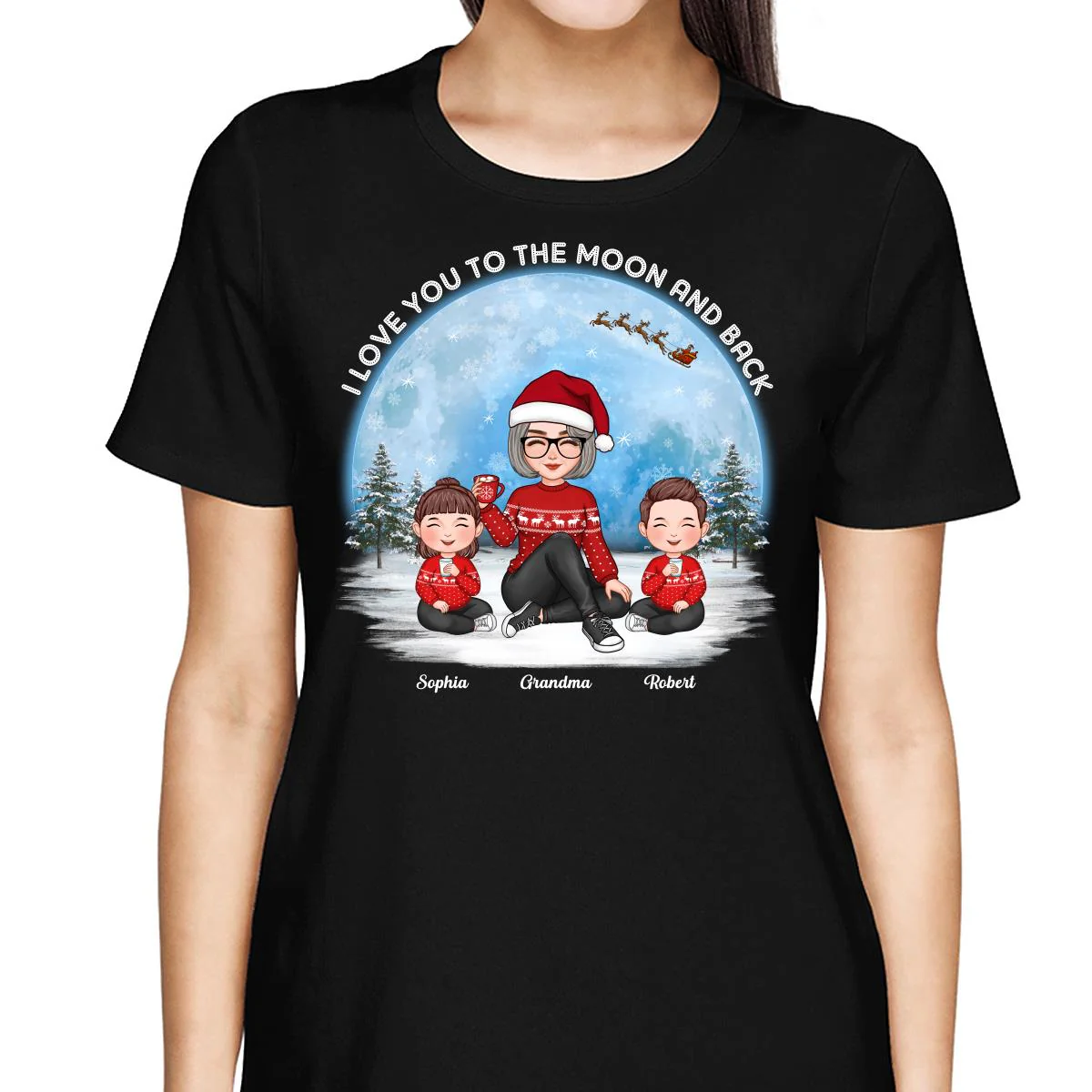 Love To The Moon And Back Cute Grandma Grandkids Sitting Under Moon Personalized Shirt - Image 2