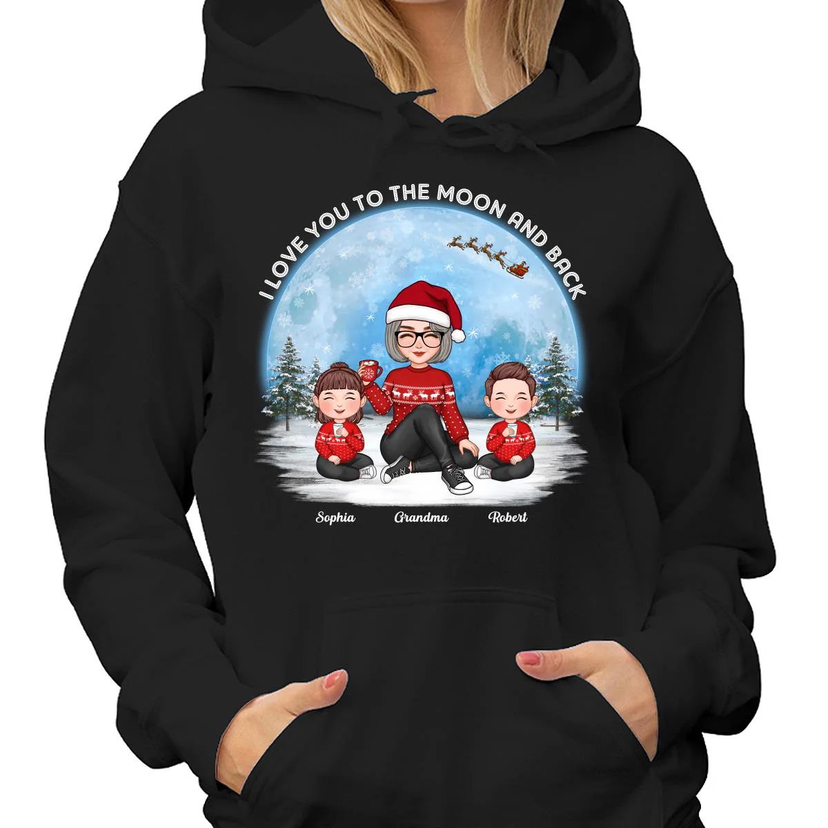 Love To The Moon And Back Cute Grandma Grandkids Sitting Under Moon Personalized Shirt - Image 4