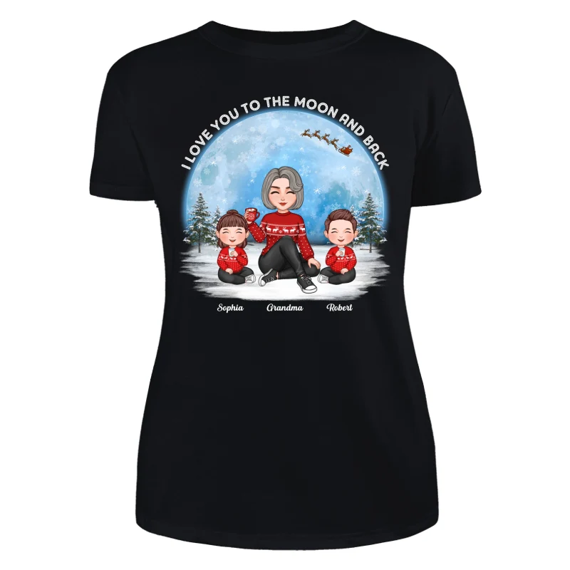 Love To The Moon And Back Cute Grandma Grandkids Sitting Under Moon Personalized Shirt - Image 9
