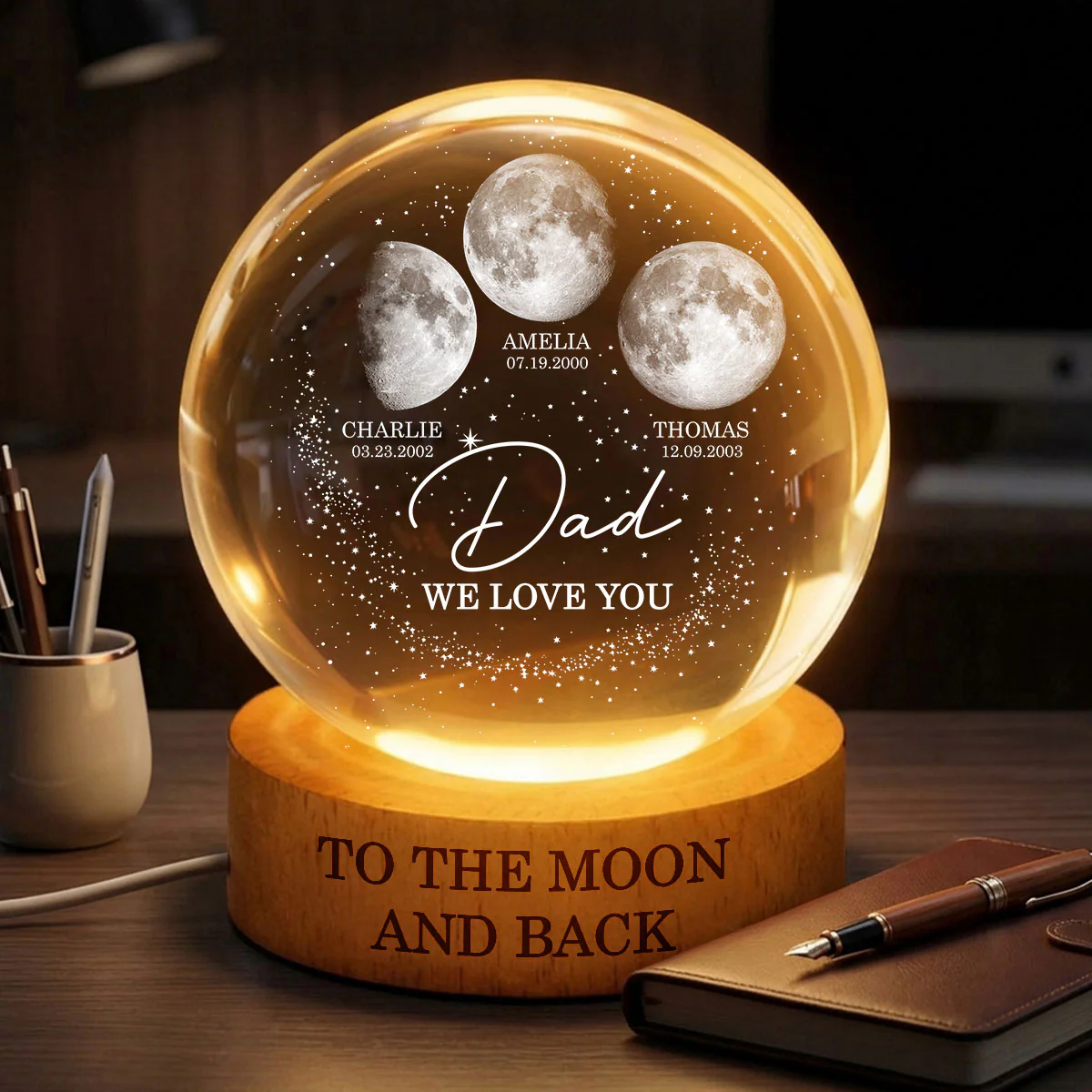 Love to the Moon and Back - Personalized Crystal Ball LED Night Light - Custom Moon Phase by Date,  Gift for Dad, Husband - Image 3