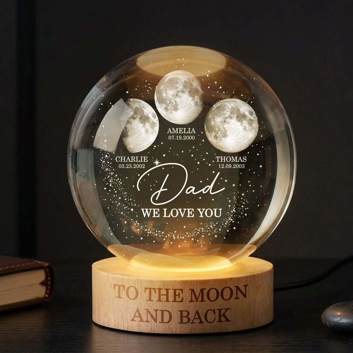 Love to the Moon and Back - Personalized Crystal Ball LED Night Light - Custom Moon Phase by Date,  Gift for Dad, Husband - Image 5
