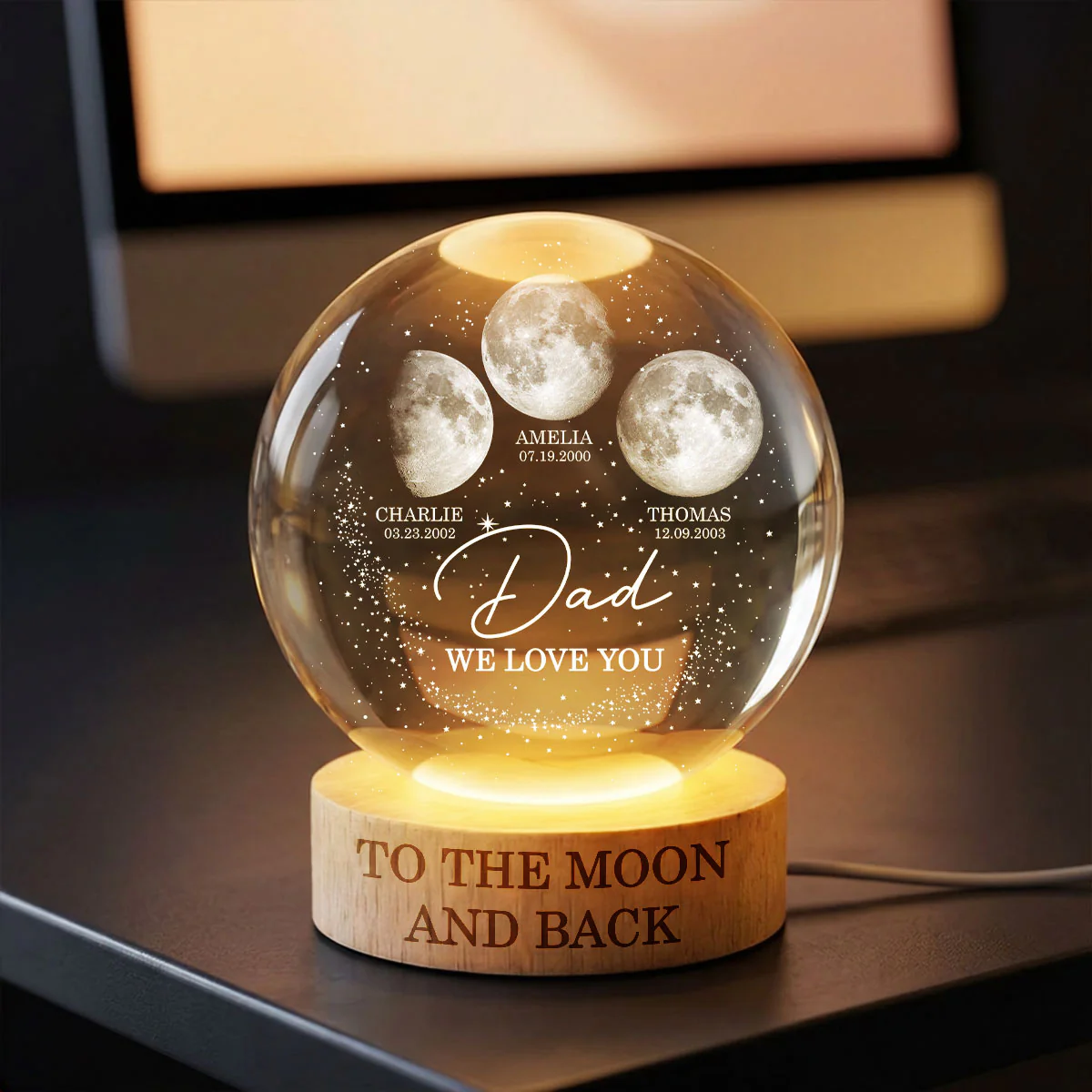Love to the Moon and Back - Personalized Crystal Ball LED Night Light - Custom Moon Phase by Date,  Gift for Dad, Husband - Image 7