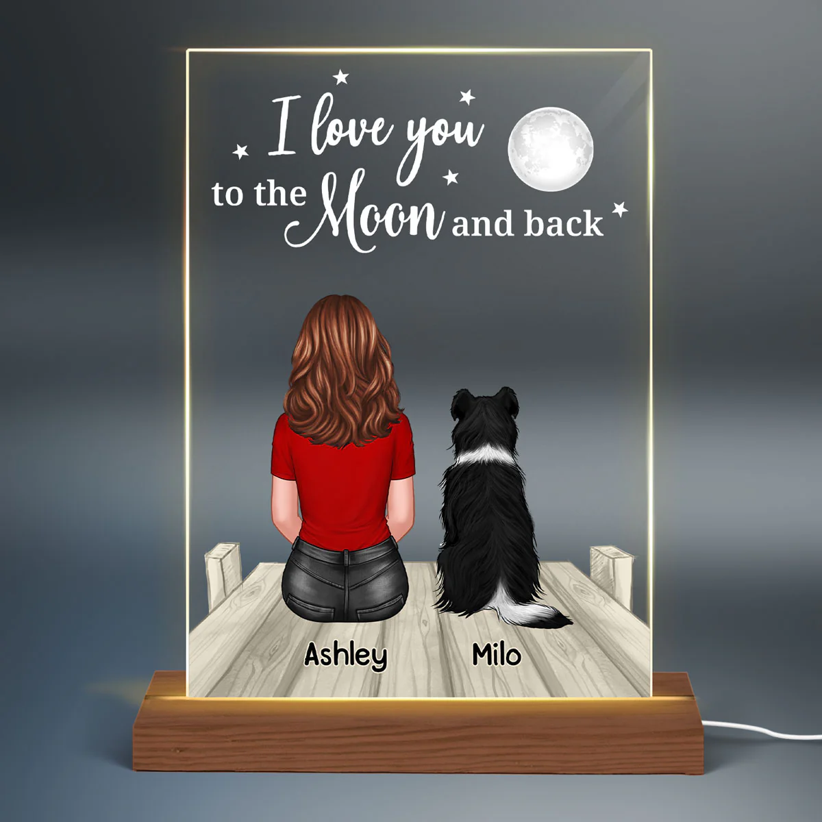 Love To The Moon And Back Woman & Pets On Bridge Personalized Rectangle Acrylic Plaque With LED Night Light - Gift For Dog Lover, Cat Lover, Pet Lover - Image 2