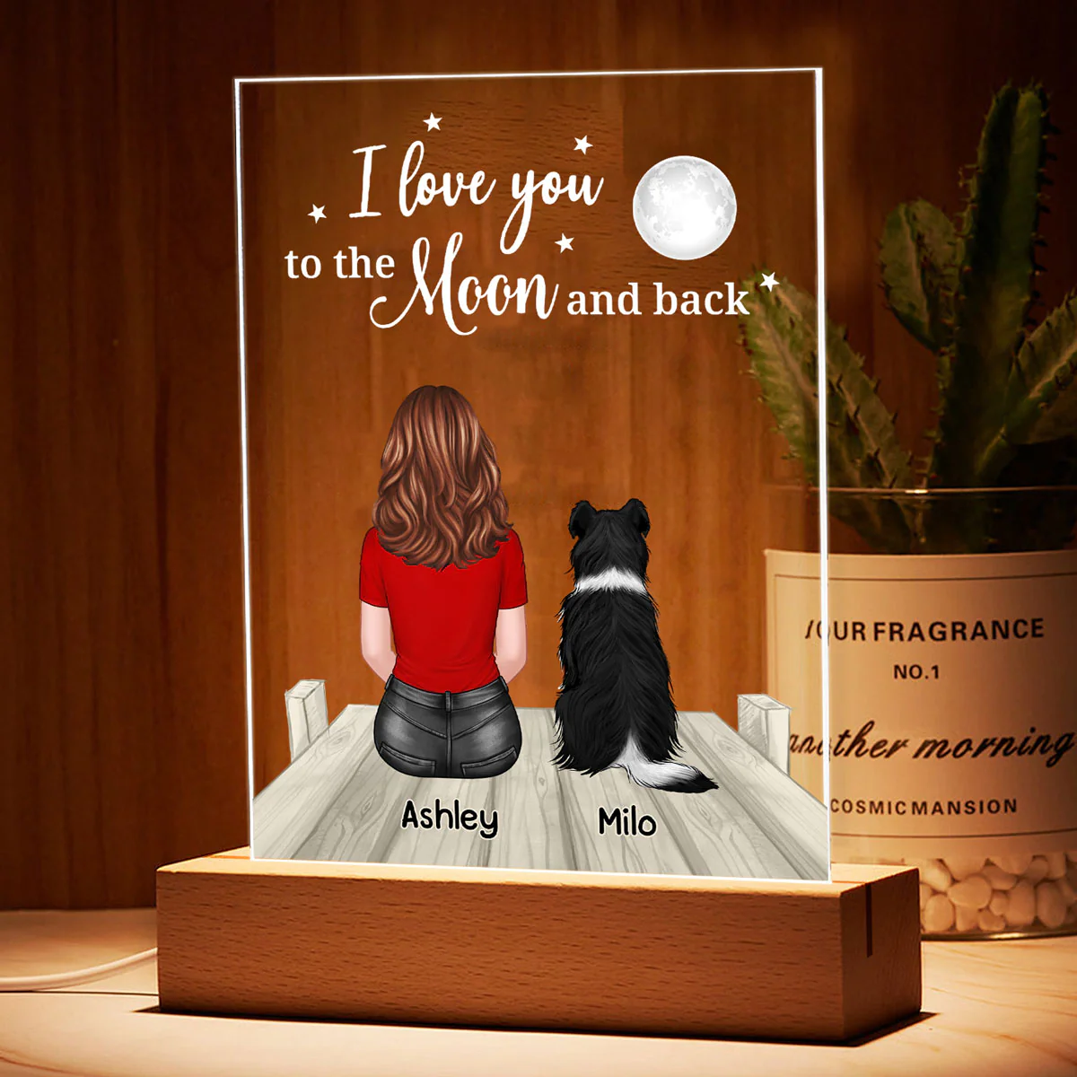Love To The Moon And Back Woman & Pets On Bridge Personalized Rectangle Acrylic Plaque With LED Night Light - Gift For Dog Lover, Cat Lover, Pet Lover - Image 3