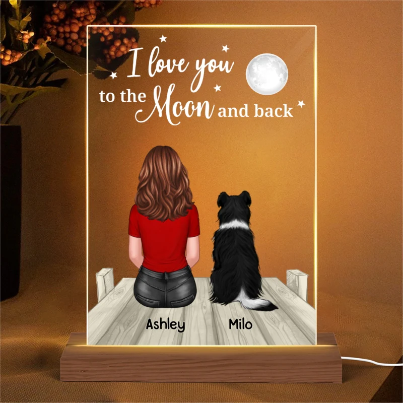 Love To The Moon And Back Woman & Pets On Bridge Personalized Rectangle Acrylic Plaque With LED Night Light - Gift For Dog Lover, Cat Lover, Pet Lover - Image 4