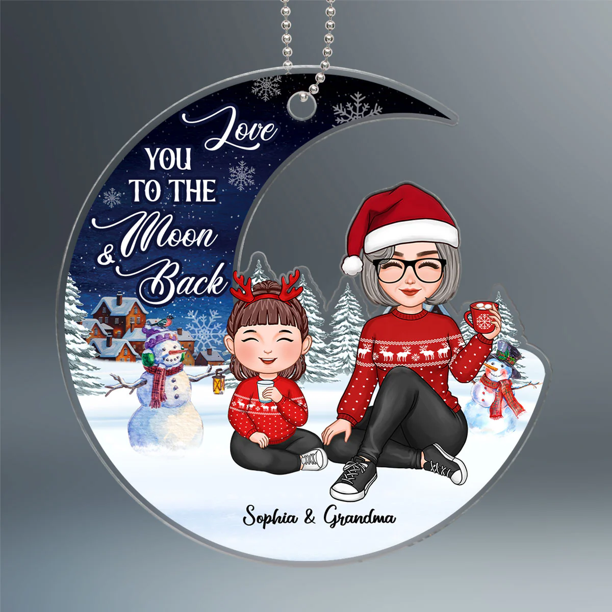 Love To The Moon Christmas Night Landscape Cute Grandma & Grandkid Personalized Acrylic Ornament - Image 2