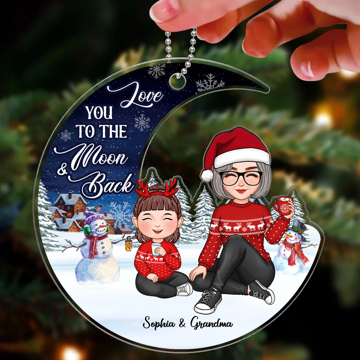 Love To The Moon Christmas Night Landscape Cute Grandma & Grandkid Personalized Acrylic Ornament - Image 3