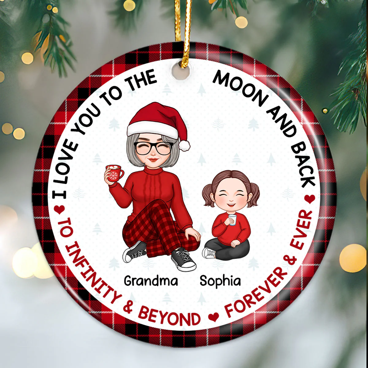 Love To The Moon Plaid Cute Grandma & Grandkid Sitting Personalized Circle Ornament - Image 2