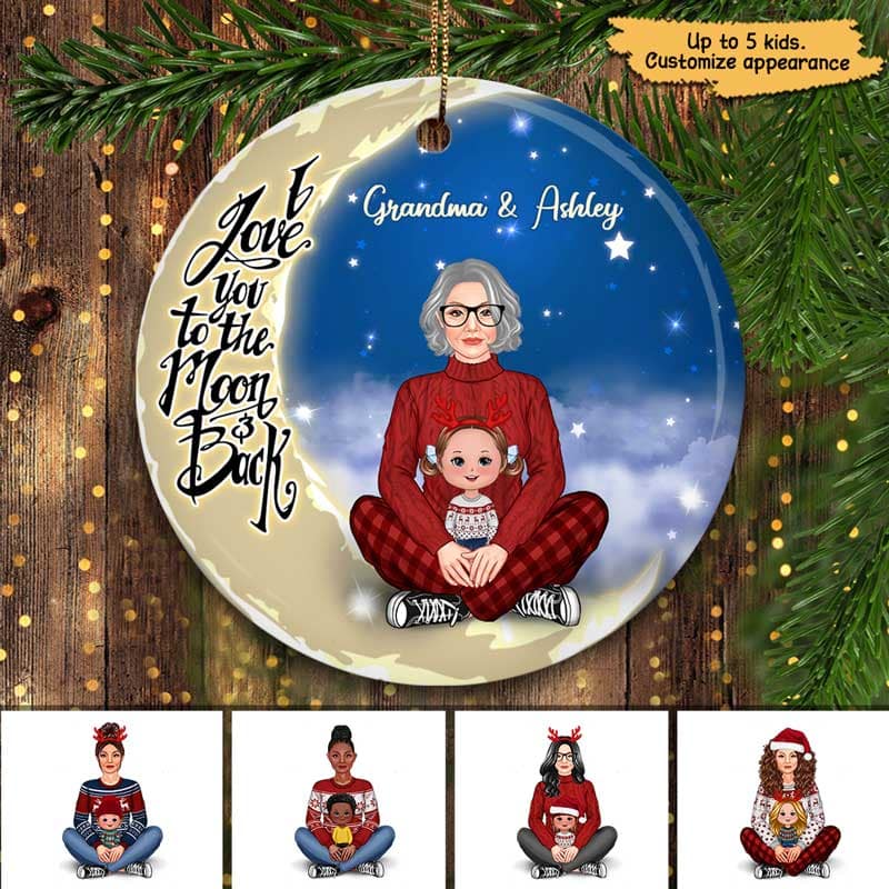 Love To The Moon Pretty Grandma & Kids Personalized Circle Ornament - Image 2