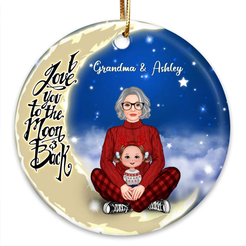 Love To The Moon Pretty Grandma & Kids Personalized Circle Ornament - Image 3
