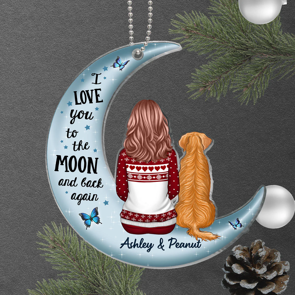 Love To The Moon Woman Dog Cat Keepsake Personalized Acrylic Ornament - Image 4