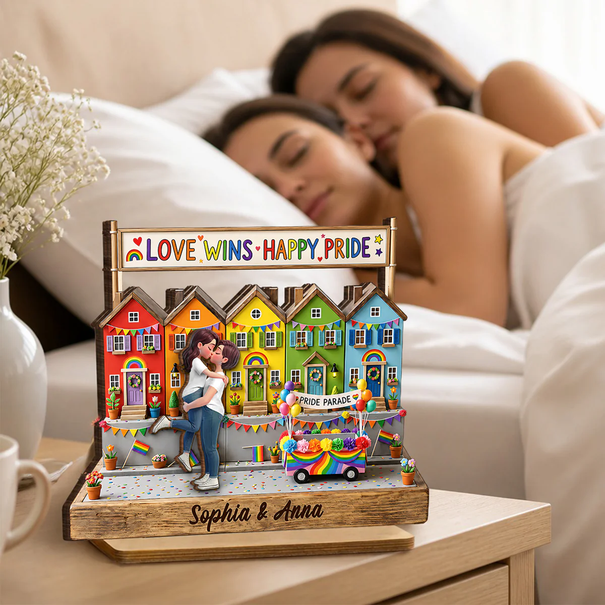 Love Wins LGBT+ Couple - Personalized 2-Layered Wooden Plaque - Gift For Couple, Happy Pride Month - Image 2