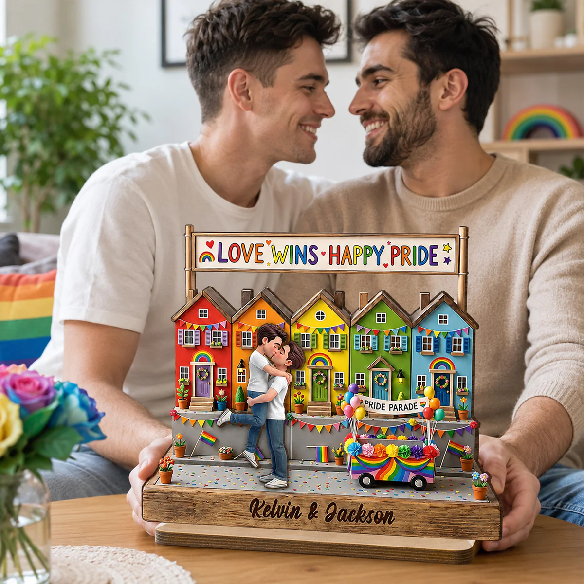 Love Wins LGBT+ Couple - Personalized 2-Layered Wooden Plaque - Gift For Couple, Happy Pride Month - Image 3