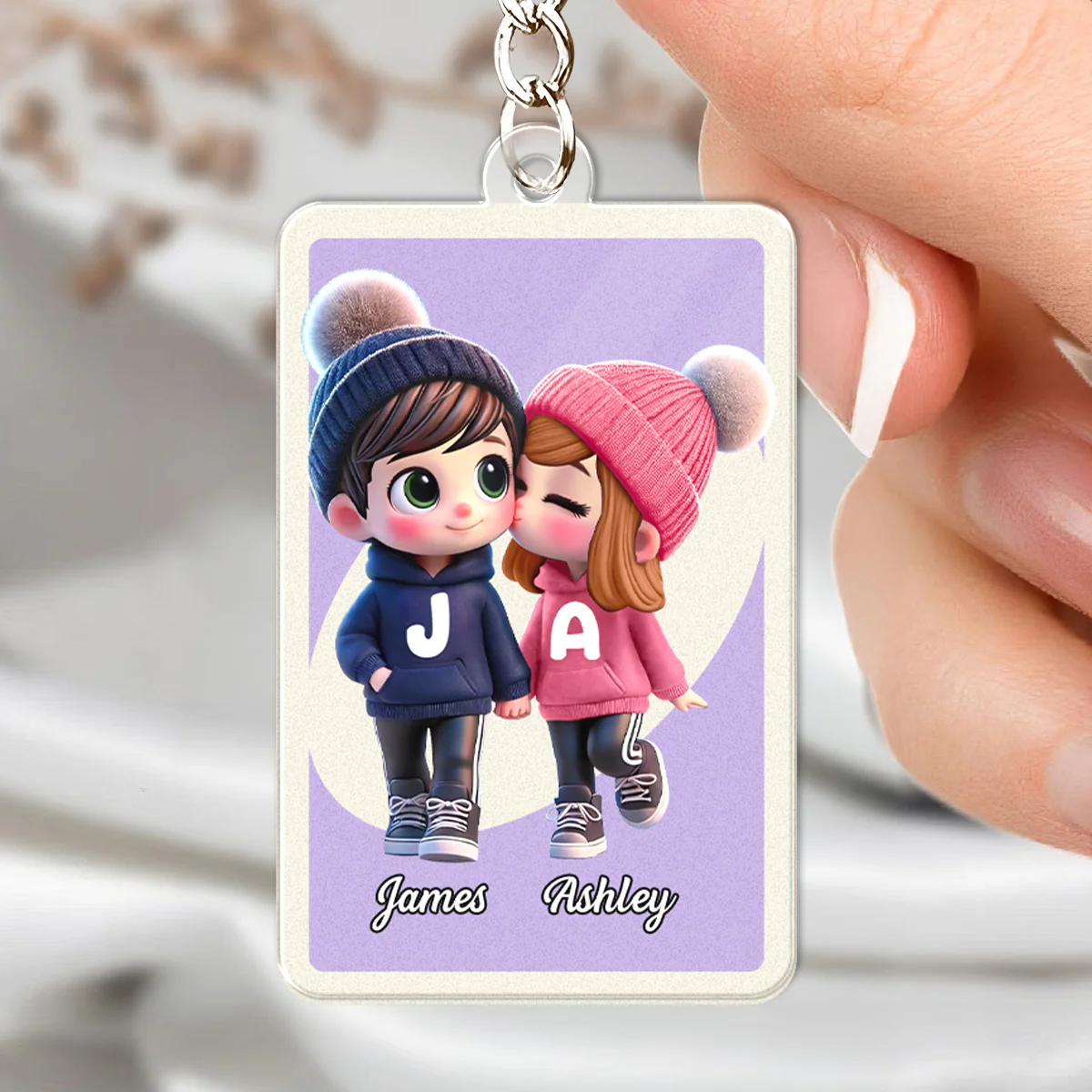 Love You More Game Card Style Cartoon Couple - Personalized Acrylic Keychain - Valentine's Day Gift, Anniversary Gift For Him, For Her - Image 3