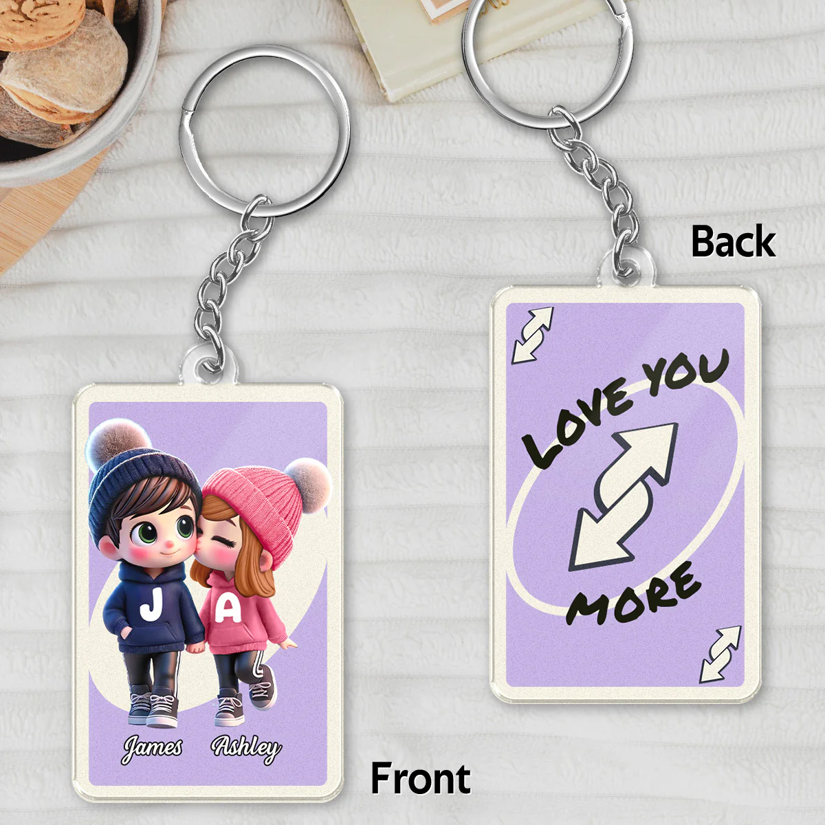 Love You More Game Card Style Cartoon Couple - Personalized Acrylic Keychain - Valentine's Day Gift, Anniversary Gift For Him, For Her - Image 4