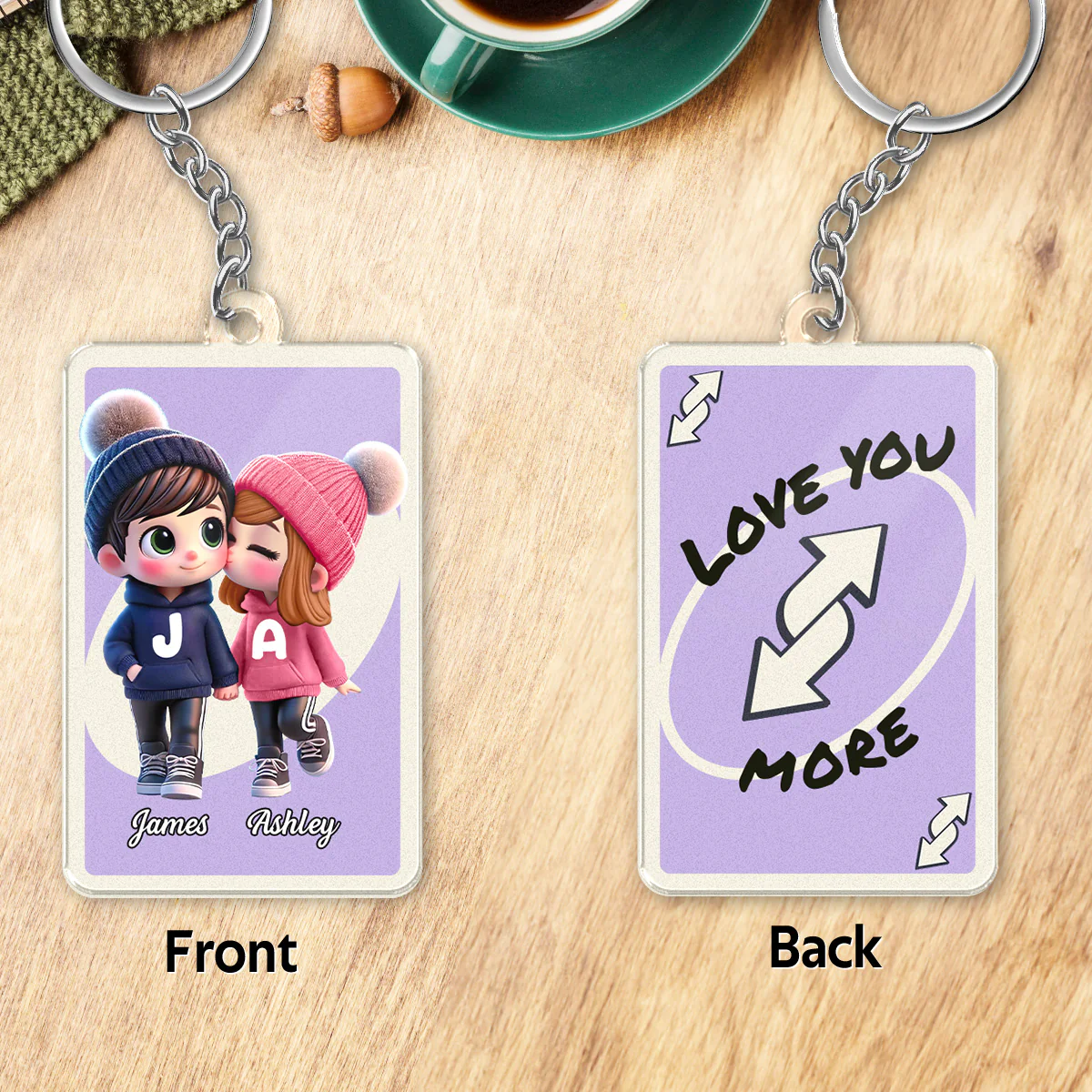 Love You More Game Card Style Cartoon Couple - Personalized Acrylic Keychain - Valentine's Day Gift, Anniversary Gift For Him, For Her - Image 5