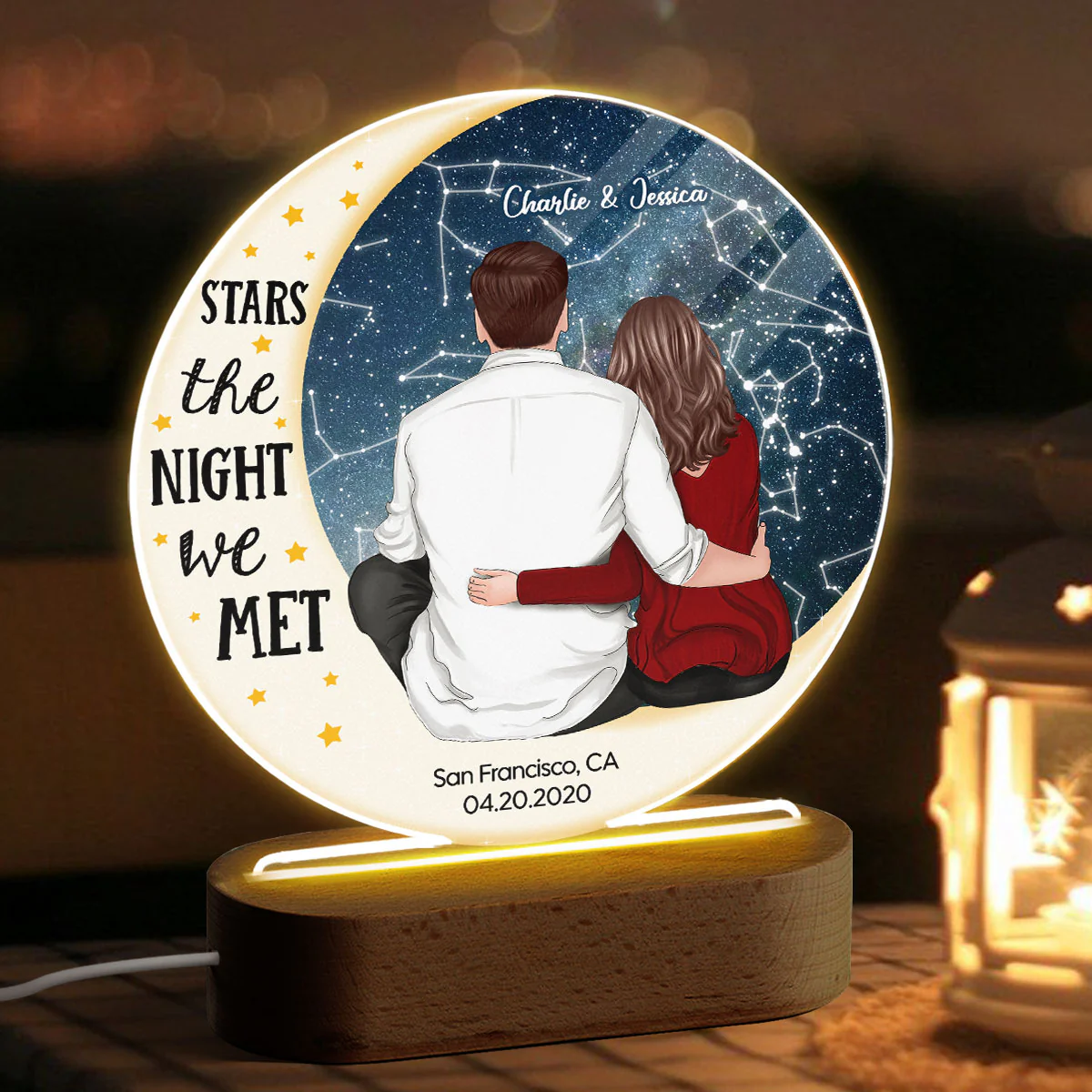Love You To The Moon Couple Sitting On Moon Personalized Star Map Circle Acrylic Plaque With LED Night Light, Heartfelt Anniversary Gift For Her, For Him - Image 4