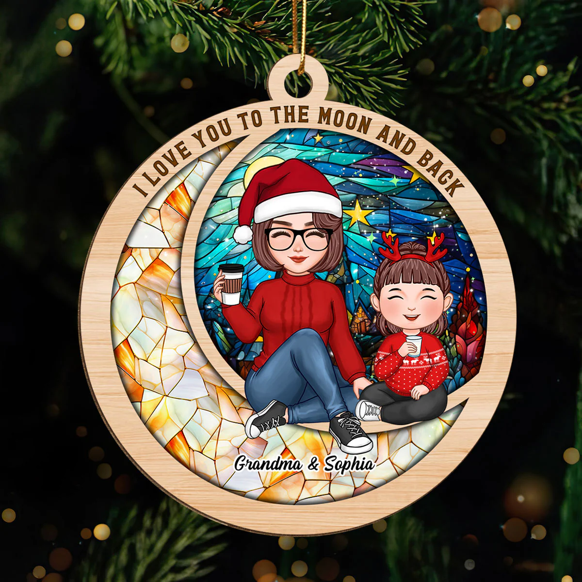 Love You To The Moon Cute Grandma Grandkid On Colorful Moon Personalized Wooden Ornament - Image 2