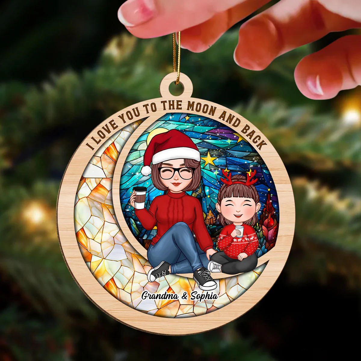 Love You To The Moon Cute Grandma Grandkid On Colorful Moon Personalized Wooden Ornament - Image 3