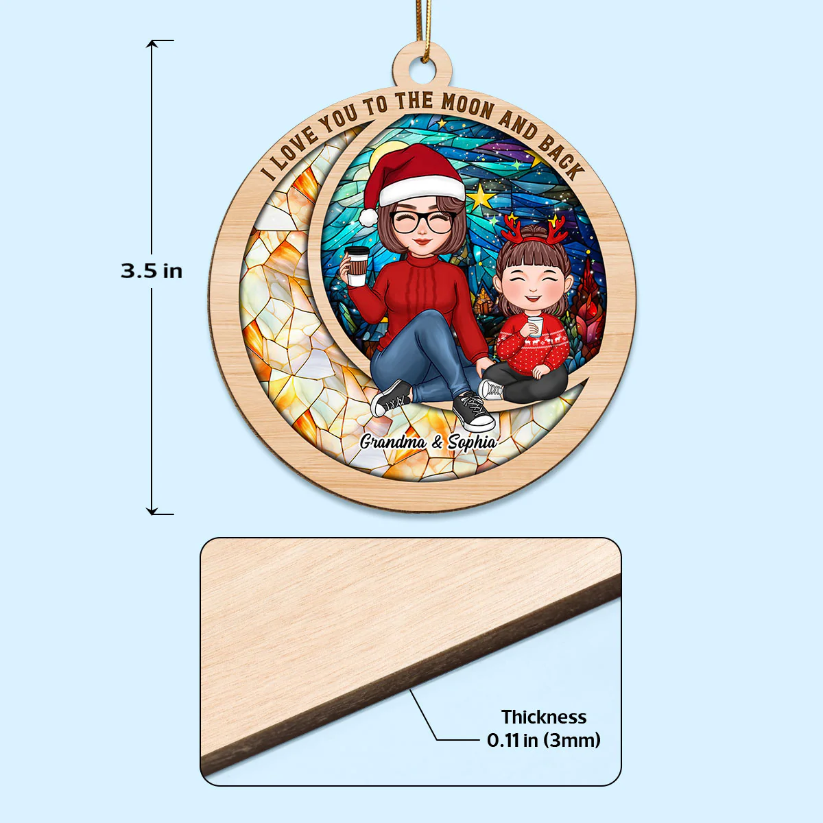 Love You To The Moon Cute Grandma Grandkid On Colorful Moon Personalized Wooden Ornament - Image 4