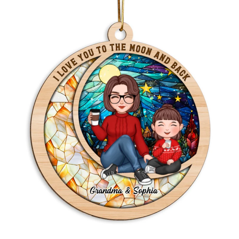 Love You To The Moon Cute Grandma Grandkid On Colorful Moon Personalized Wooden Ornament - Image 5