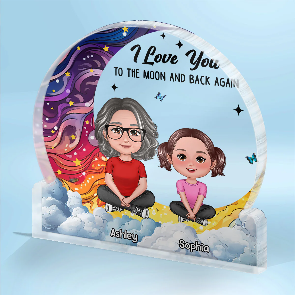 Love You To The Moon Grandma & Grandkids Sitting Crossed Legs Personalized Acrylic Block Plaque - Image 2